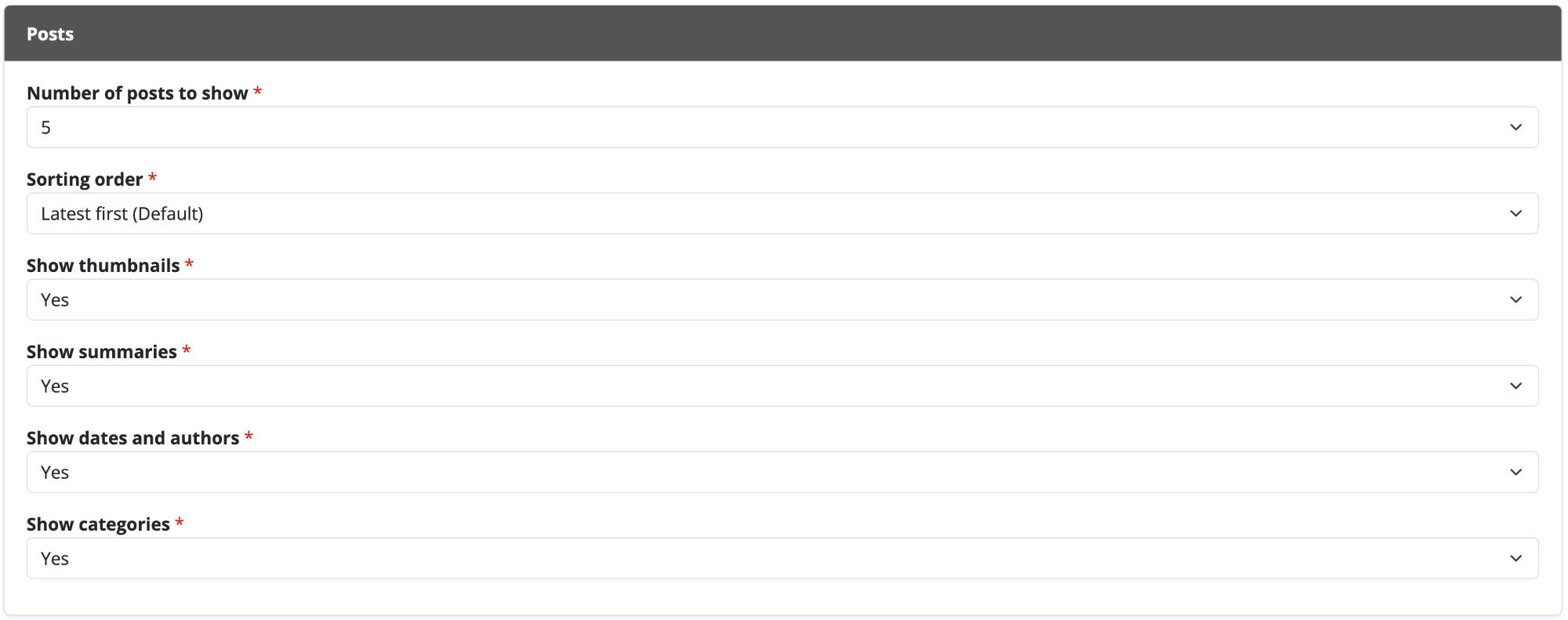 Screenshot of the node editor's "posts" module